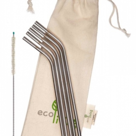 5 Stainless Steel Bent Drinking Straws with Plastic-Free Cleaning Brush & Organic Carry Pouch